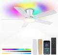 Flush Mount RGB Ceiling Fan with RGB Light - 52In White Ceiling Fan Light with Reversible Mute Motor, 3CCT LED Dimmable, Low Profile Modern Ceiling Fans for Indoor, Party, Living Room
