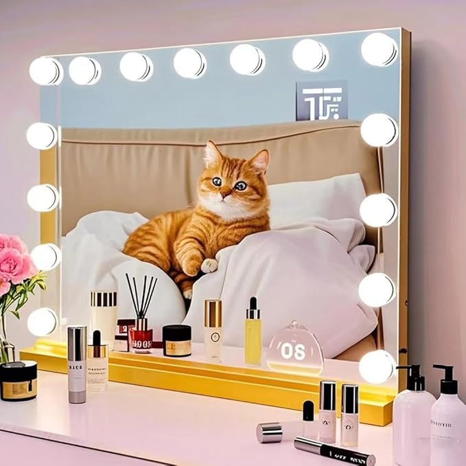 Vanity Mirror with Lights USB+Type-C Charging, 32WX24L Tabletop Hollyhood Makeup Mirror, Hollywood Lighted Mirror with 18 Dimmable LED Bulbs,3 Colors Modes,Touch Control, Gold