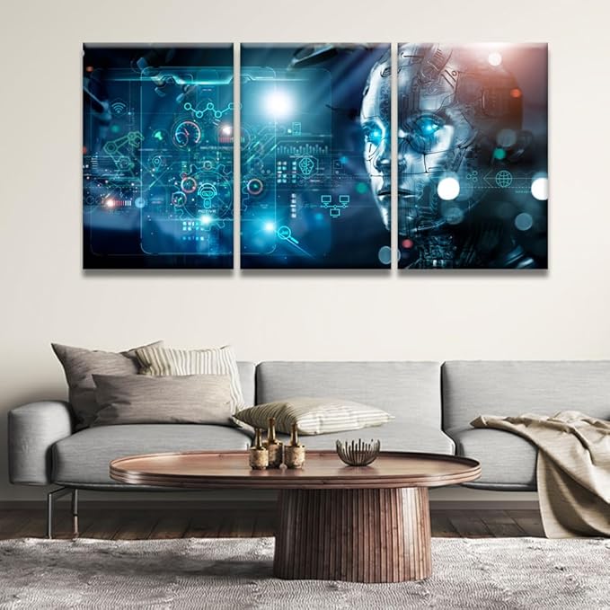 LSIUHWUWI Wall Art for Living Room Machine Learning, Data Exchange, Deep Learning, Industry 4.0 Pictures Posters for Home Wall Decoration, Wooden Framed Ready to Hang, 16x24inchx3