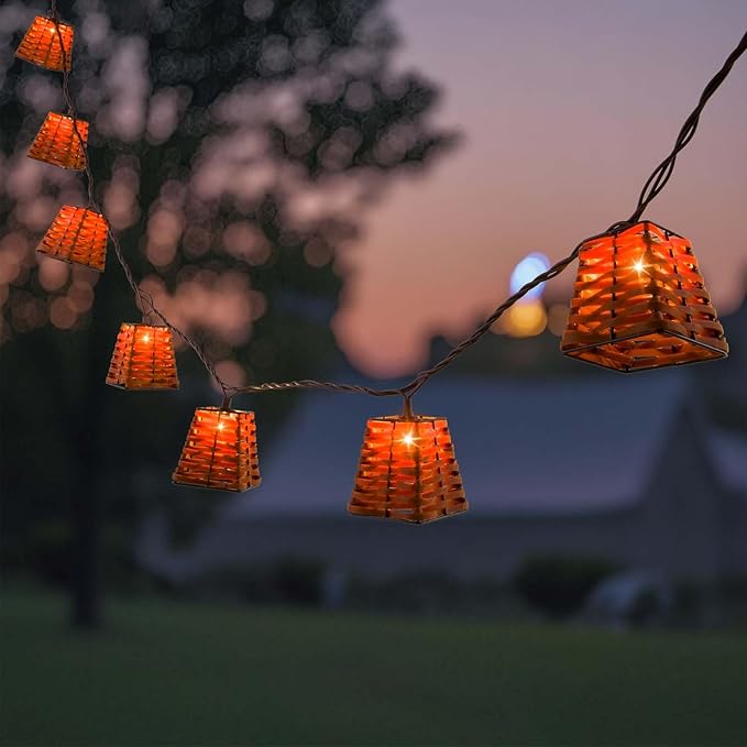 Outdoor-String-Lights-Waterproof, Boho Lantern String Lights for Patio, Garden, Porch, Balcony, Gazebo Decorative (PP Rattan)