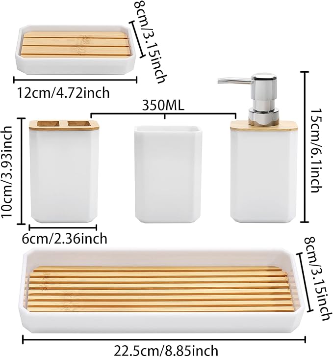 FEILANDUO Bathroom Accessories Set,5 Pcs Bathroom Accessory Gift Set, Soap Dispenser, Soap Dish, Toothbrush Holder, Toothbrush Cup, Vanity Tray, Boho, Modern Bathroom Decor (White)