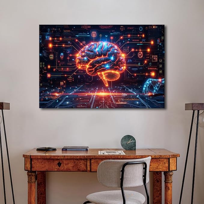 Artificial Intelligence Brain Data Analysis Paintings Wall Art Futuristic Technology Posters and Prints Frame Neural Network Pictures for House Wall Decor AI Art Wall for House 24"Wx36"Hx1 Panel