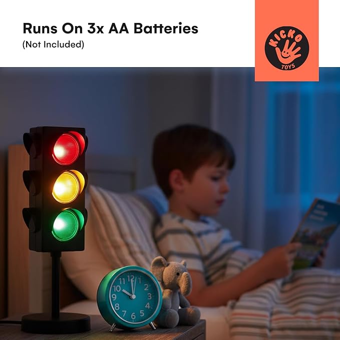 Kicko 11-Inch Traffic Lights Lamp with Base - 4-Mode Color Changing Stop Light Lamp for Kids’ Bedroom, Party Decoration or Playroom - Battery or USB Powered Mini Lighting - Ideal Traffic Light Decor