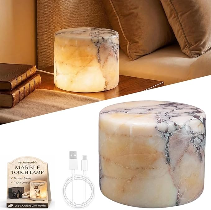 Marble Lamp Night Light Touch Bedside Table Lamp, Type C Rechargeable Natural Stone Accent Decor with 3 Way Dimmable Warm Glow, Cordless Ambient Lighting for Bedroom Living Room Desk Shelf Gift(#B)
