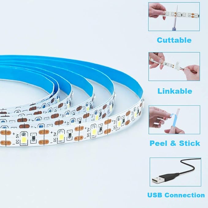USB LED Strip Light Cool White 6000K 5V USB Powered 13.12ft/4M 240LEDs Flexible SMD2835 High Brightness No-Waterproof IP20 LED Tape Lights(2pcs x 6.6ft)