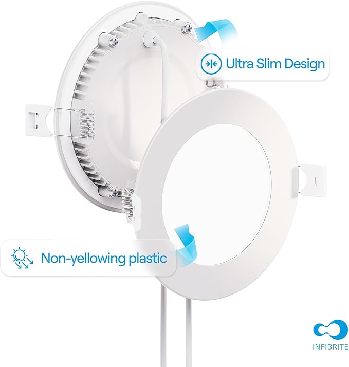 INFIBRITE 4 Inch 6000K Clear White 9W 750LM Thin LED Ceiling Light Kit, Dimmable, Wet Rated