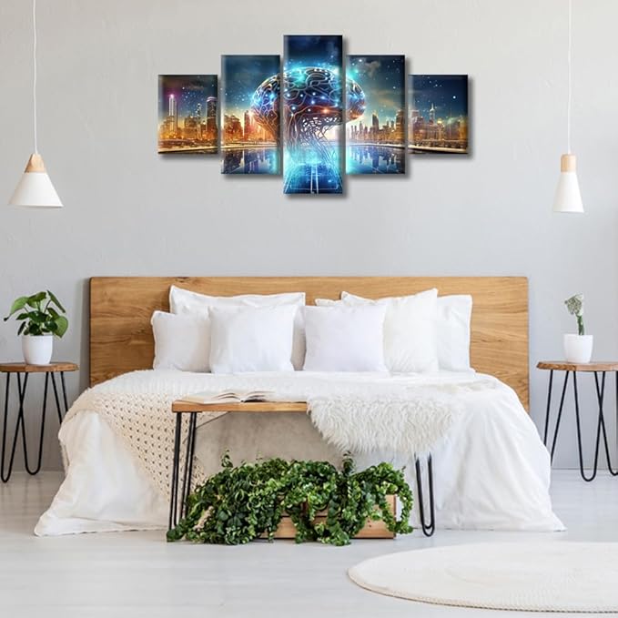 City Smart Brain Canvas Wall Art for Living Room Human Brain Energy Modern Painting Picture for Bedroom Office Artificial Intelligence Concept Home Wall Decorations Frame Wall Decor, (60"Wx32"H)