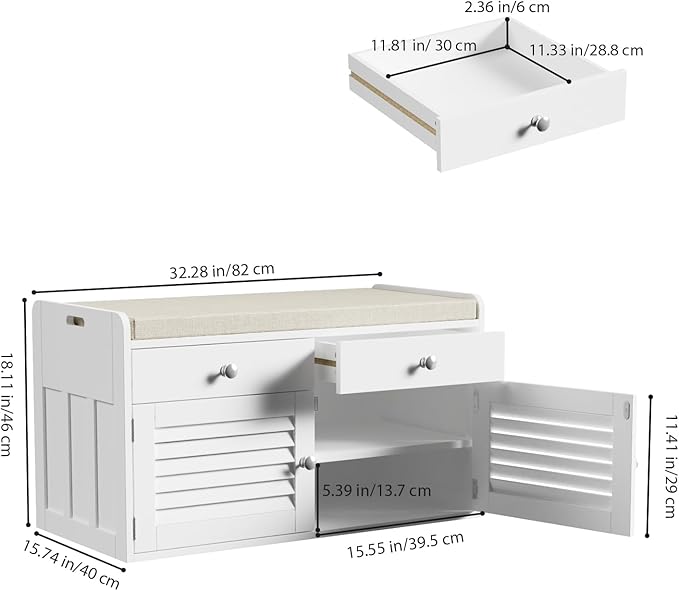 Shoe Storage Bench with Cushion, Shoe Bench, Padded Seat, 2 Drawer Storage, Entryway, Hold up to 300lbs, 15.8 x 32.29 x 18.1 Inches, White