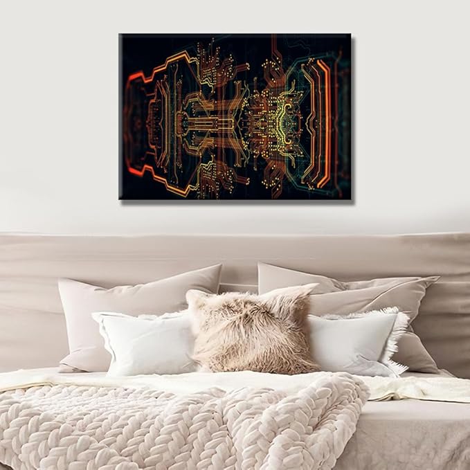 Computer Chip Canvas Wall Art Circuit Board Wall Painting Pictures for Living Room CPU Concept Modern Wall Art Framed House Decoration for Bedroom Bathroom Office Ready to Hang 20X28 INCH