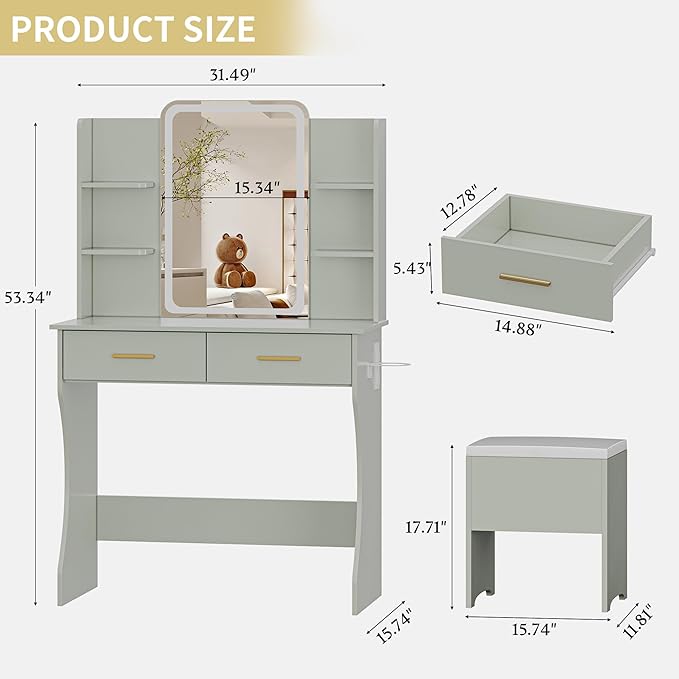 Vanity Desk with LED Lights Mirror & Power Outlet, Small Makeup Vanity Table Set with Storage Drawers & Chair, 3 Lighting Modes & Adjustable Brightness, Dressing Table for Women Girls Bedroom, Green