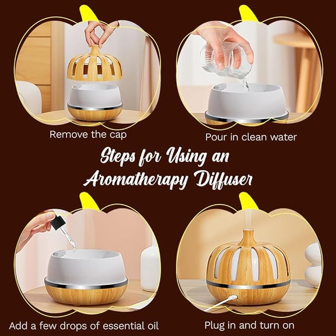 Essential Oil Diffuser 300ml for Home Bedroom, Aromatherapy Oil Diffuser with 3H 6H Timer, 7 Color Light, USB Type-C, Pumpkin Design, Auto Shut-Off(Light Woodgrain, Pumpkin)