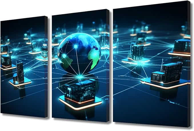 3 Panel Modern Wall Art Centralized Network Architecture Pictures Print on Canvas for Home Wall Decorations, Concepts Artwork Wooden Framed Gallery-Wrapped Ready to Hang, 36" Wx24 H