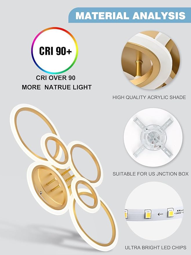 Vikaey Modern LED Flush Mount Ceiling Light, 6 Rings Gold Close to Ceiling Light Fixtures, Living Room Lighting Fixture Ceiling Lamp for Kitchen, Bedroom, Laundry Room, 4000K Not Dimmable