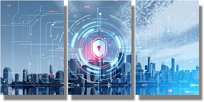 LSIUHWUWI 3 Piece Canvas Wall Art Digital Cybersecurity Concept Canvas Prints Art for Living Room Bedroom Decoration, Internet Security and Global Protection Framed Ready to Hang, 12x16inchx3