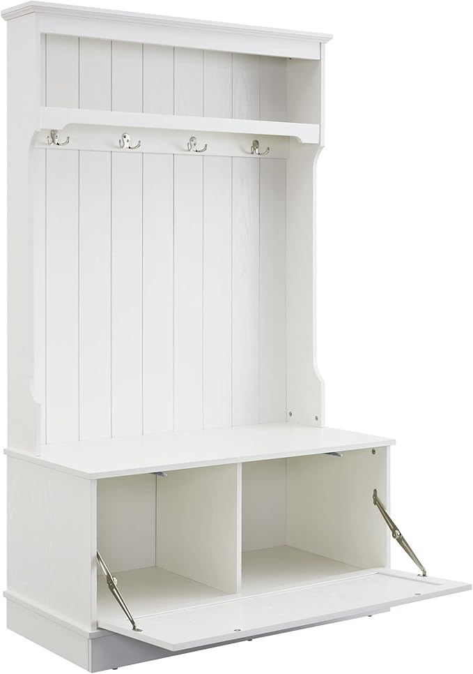 Modern Style 3-In-1 Entryway Hall Tree with Coat Racks and Storage Shelf,Bench and Shoe Cabinet,4 Hooks for Entrance,Hallway,Easy Assembly