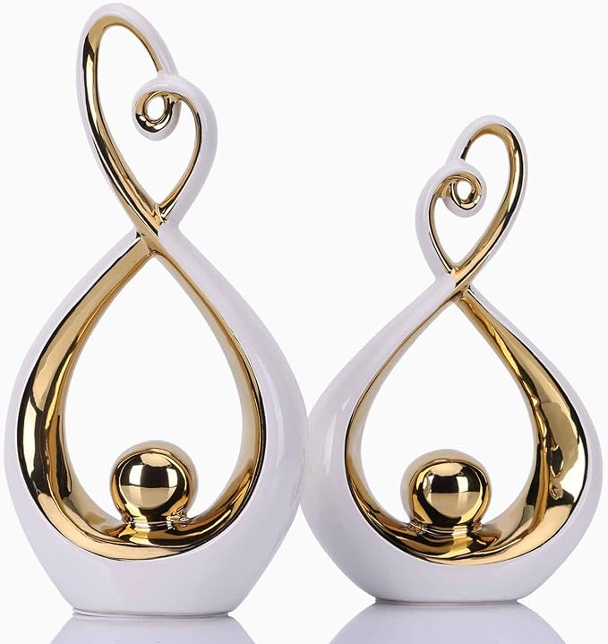 DOVDOV Modern Art Home Decor, Ceramic Abstract Sculpture 2 Piece Set, White and Gold Room Decor, Gorgeous Home Decor for Office, Shelf, Coffee Table and Desktop Decor Aesthetics.