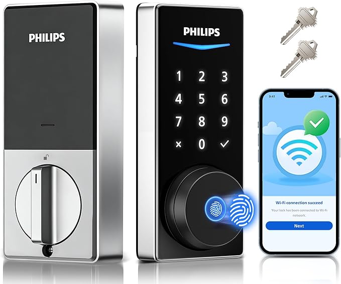 Philips Built-in WiFi Smart Lock, Keyless Entry Door Lock with App, Touchscreen Fingerprint Door Lock, Compatible with Alexa & Google, Splash-Proof, Includes 8 Batteries, Nickel