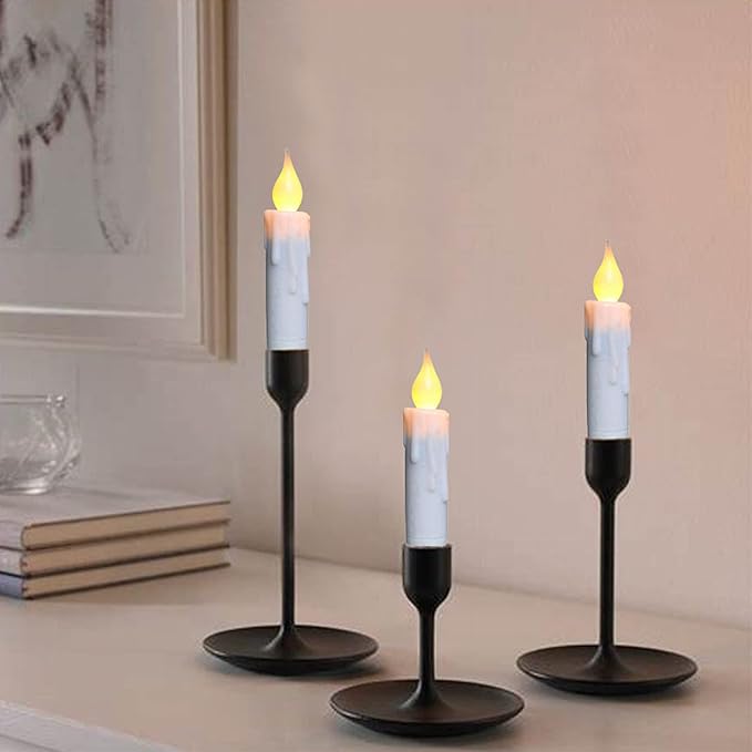 CVHOMEDECO. Flickering Taper Candles LED Drip Flameless Candles, Battery Operated with Timer, White, 4-3/4 Inch, Set of 3