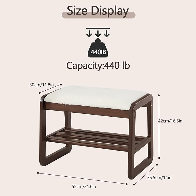 Small Shoe Rack Bench,2 Tier Solid Wooden Entryway Bench with Shoe Storage, Shoe Rack with Cushion for Living Room, Hallway(CreamWhite, 21.6")