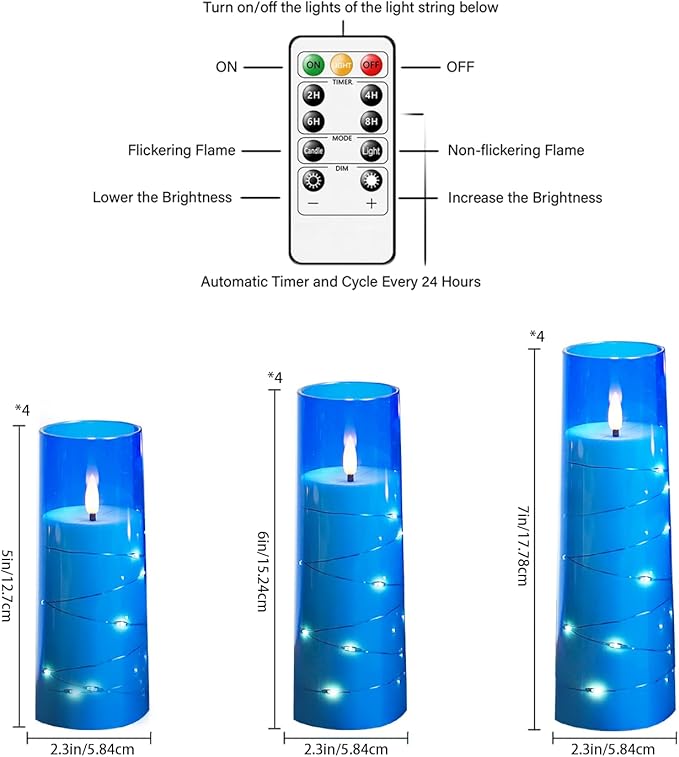 Flameless Candles with Embedded Star String - Battery Operated LED Candles, with Remote,12 Blue Flickering Candles for Christmas, Weddings, Home Decor & Party,(D 2.3"×H 5" 6" 7")