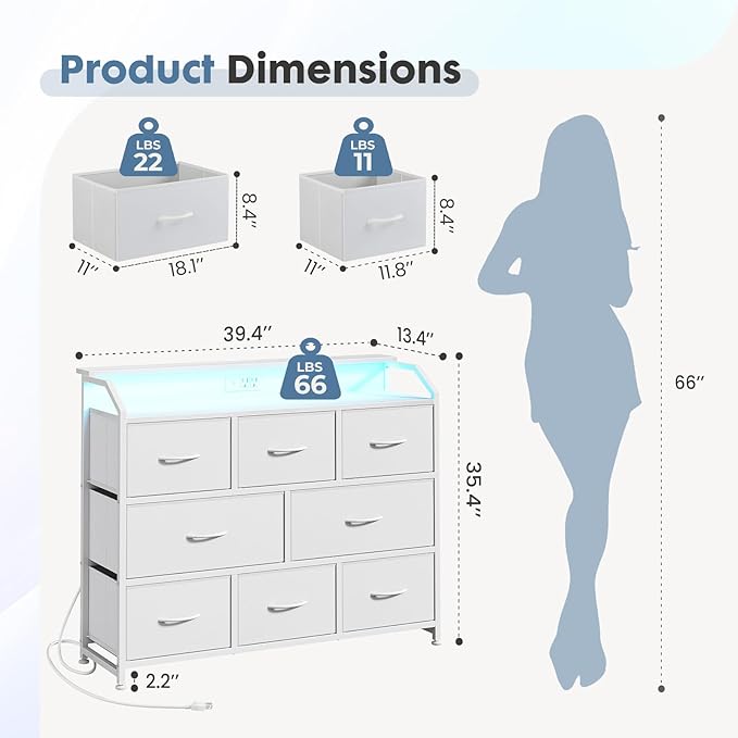 DUMOS TV Stand Dresser with 8 Fabric Drawers, 8-Drawer Chest of Drawers with APP Control LED Lights and Type-C Charging Station, Fabric Storage Tower TV Stand for Living Room, White