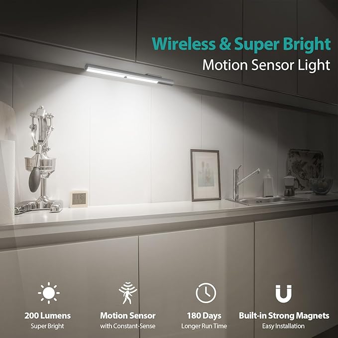 Under Cabinet Lights Motion Sensor Light Indoor, LED Closet Lights Battery Operated Lights, 4500mAh USB C Rechargeable Under Cabinet Lighting Wireless, 6000K Cool White, 180 Days Battery Time