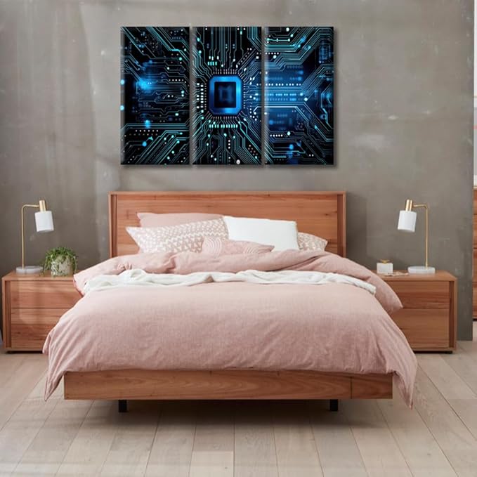 3 Piece Blue Circuit Board High-Tech Technology Wall Pictures for Living Room Circuit Board Pictures Painting on Canvas Wall Decor Art Bedroom Wall Art Modern Artwork Framed Ready to Hang 60"Wx40"H
