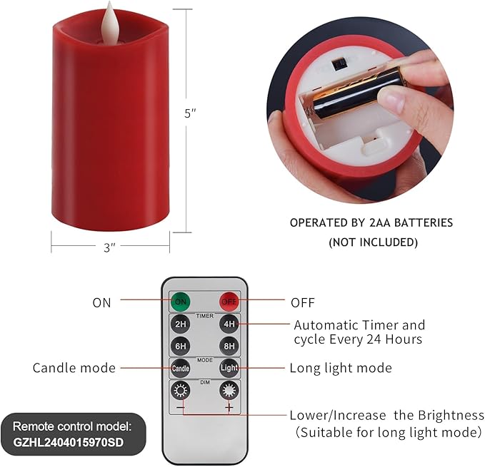 3x5 Flickering Flameless Candles Set of 1, 2AA Battery Life 600 Hours Battery Candles Flickering with Timer,5 inch Flameless Candles with Remote for Indoor/Outdoor, Red