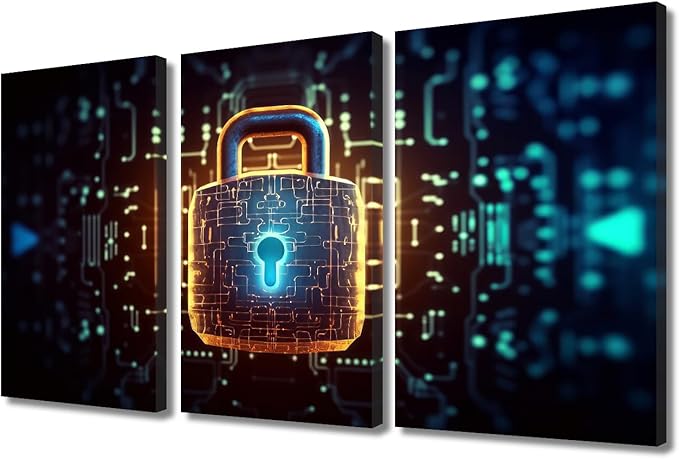 TUMOVO 3 Panel Wall Paintings for Living Room, Padlock with a Glowing Light at the Top Cybercrime Concept Posters and Prints for Home Office Wall Decorations, Framed Ready to Hang, 36" Wx24 H