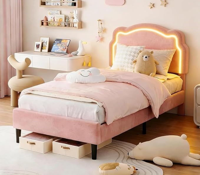 GarveeHome Twin Upholstered Smart LED Bed Frame with Headboard, Velvet Princess Platform Bed Frame for Kids, Wooden Slats Support, No Box Spring Needed (Rose)
