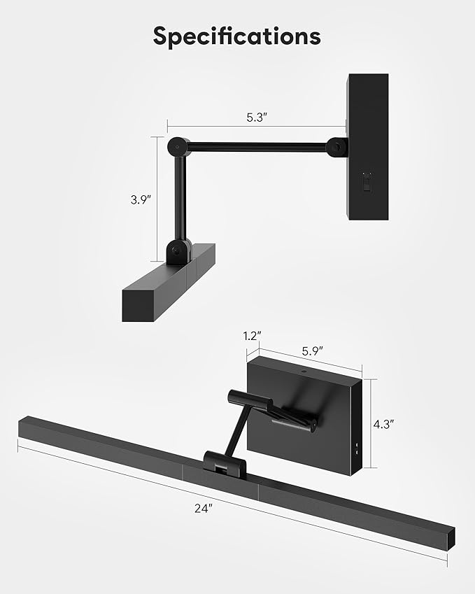 VONLUCE 24" LED Bathroom Vanity Light, 3CCT Modern Vanity Lights with 360° Rotatable Head & Swing Arm, 10.3W Bathroom Light Fixture Over Mirror, LED Lights for Bathroom Bedroom, Matte Black