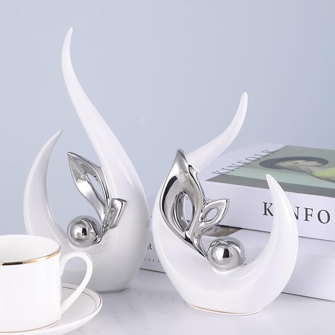 XMGZQ White and Silver Ceramic Statues for Home Décor Accents,Abstract Art Mid Century Modern Decor,Elegante Centerpiece Table Decorations,Sculpture for Entryway,Tv Stand,Mantel,Coffee Table
