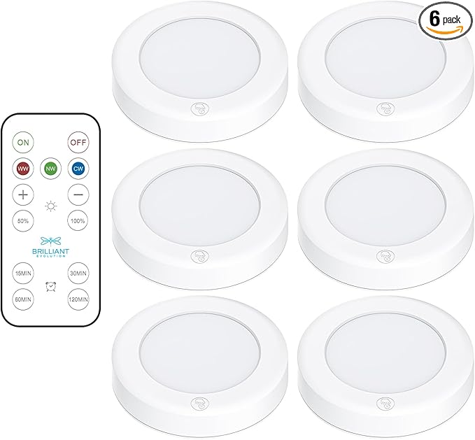 Brilliant Evolution LED Tap Light Push Lights with Remote - 6-Pack Battery Operated Under Cabinet Lights - Stick On Puck Lights for Kitchen, Closet, and Night Lighting - Wireless Warm White, 55 Lumens