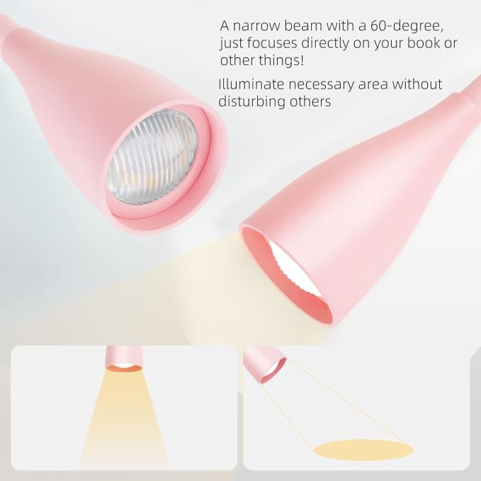 Wall-Mounted LED Bedside Reading Light with USB Charging Port, 10-Level Dimmable & Adjustable 5 Color, Plug-in Adhesive Night Lamp for Books in Bed, Eye-Caring Bedroom Lighting (Pink)