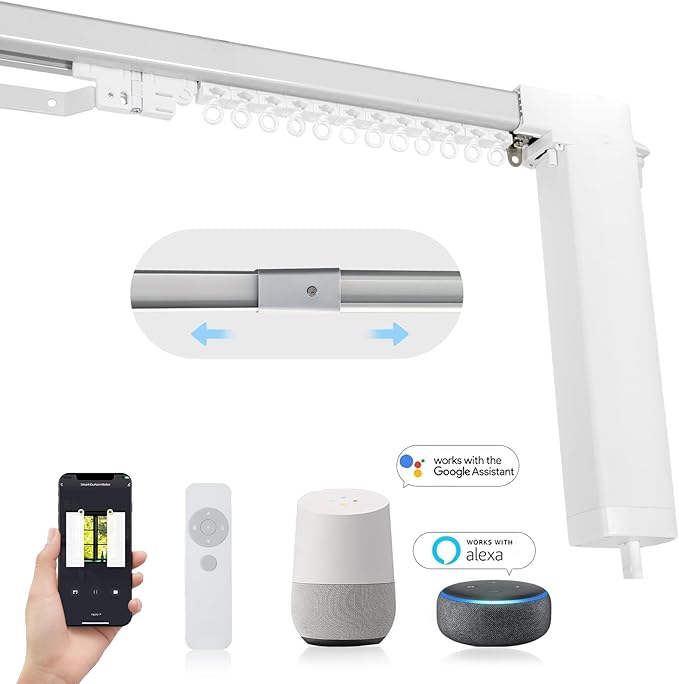 Smart Adjustable Curtains Rod System Electric Track with Remote Automated Retractable Rail Motorized Telescoping Length WiFi Motor compatible with Alexa/Google Home/APP (Width Optional)