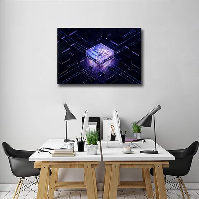 Wall Art for Living Room Futuristic CPU Paintings on Canvas CPU Concept Pictures Modern Artwork Home Decor Computer Chip Posters Prints Framed Stretched Ready to Hang, 24x16in