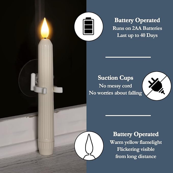 Homemory 6 Pcs Window Candles with Sensor Dusk to Dawn, Ivory Striped Candlesticks with Suction Cups, Roman Column Christmas Window Candle Battery Operated, Flameless Led Taper Candles for Windows