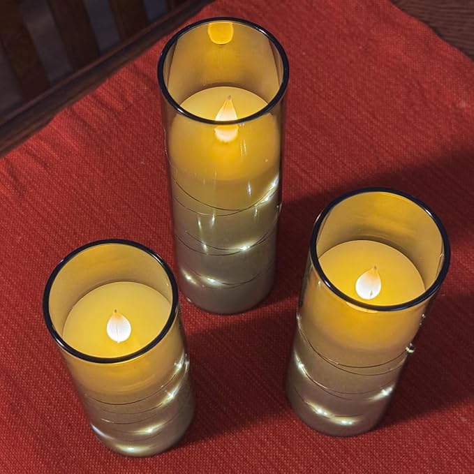LED Candles Flickering with 2 Remote and Timer, 3 Pack Flameless Battery Operated Candles with 3D Flame and String Lights for Halloween Christmas Home Fall Fireplace Bedroom Decorations