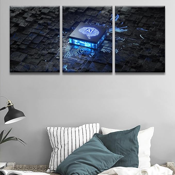 LSIUHWUWI Wall Art for Living Room Printed AI Artificial Intelligence Concept Pictures Print on Canvas, 3 Piece Modern Canvas Wall Decoration Artwork Giclee Framed Ready to Hang, 12x16inchx3