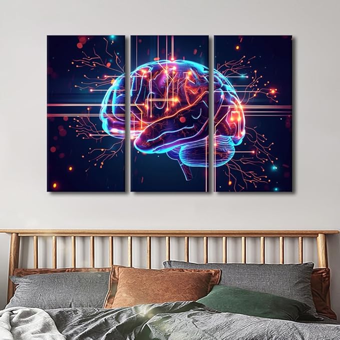 TUMOVO Landscape Wall Art for Living Room, 3 Panel Artificial Intelligence Brain Cloud Networking Posters and Prints for Living Room Bedroom Wall Decoration, Ready to Hang, 60" Wx40 H