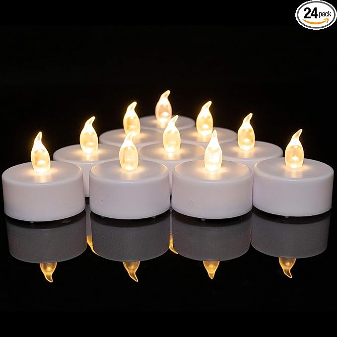 Battery Operated Tea Lights Candles: 24 Pack Realistic and Bright Flickering Holiday Gift Flameless Candles LED Electric Tea Candles for Seasonal & Festival Party Home Decoration (Warm White)