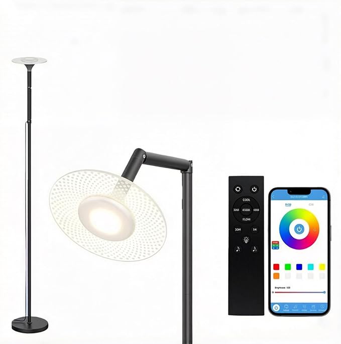 Smart Floor Lamp, 70in RGB Living Room Floor Lamp with App & Remote Control, 180° Adjustable Head, Stepless Dimming & Color Changing for Bedroom, Office