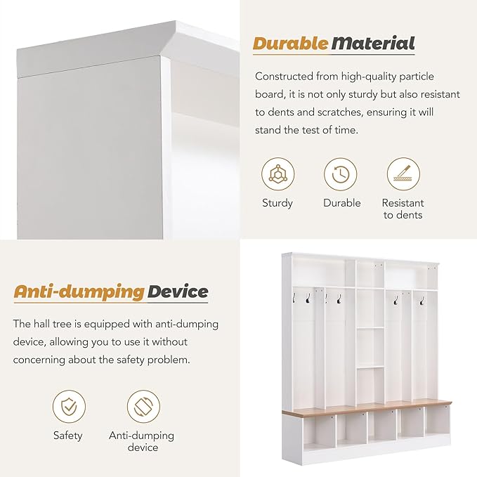 Modern Hall Tree with Coat Rack and Storage Bench, 4-in-1 Minimalist Hallway Coat Hanger Shoe Cabinet with Cube Storage & Shelves Multifunctional Entryway Bench with 8 Hooks for Mudroom, White
