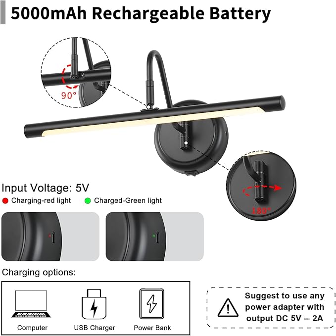 JOOSENLUX Modern Wall Lights Battery Operated Black Wireless Picture Lights for Wall 16.5" Inch Dimmable Under Counter Lights for Kitchen with Swing Arm as Canvas Wall Sconce Light 3000K CRI95+