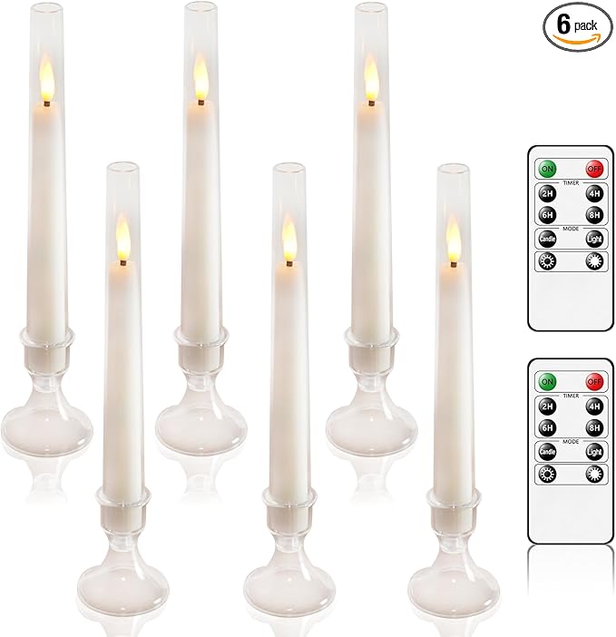 Flameless Taper Candles with Remote and Timer - 6 Pack LED Candles, Battery Operated, for Home, Wedding, Party (White)