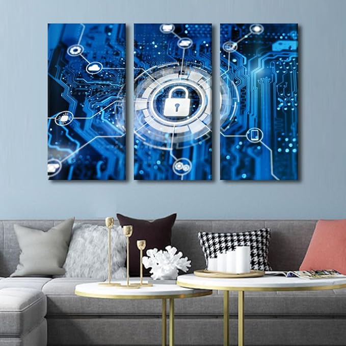 Framed Wall Art 3 Panels Cybersecurity and Secure Nerwork Concept Pictures Print On Canvas for Living Room, Data Protection Artwork Wooden Framed Ready to Hang, 60" Wx40 H