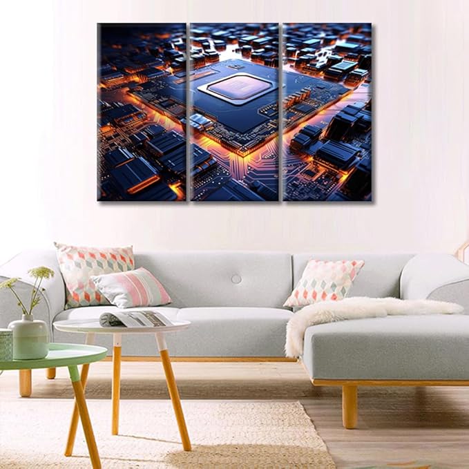 Microchip Canvas Wall Art, Paintings for Wall Decorations Motherboard Digital Chip Pictures Artwork Wall Art for Living Room 3 Pieces Art Prints Framed Ready to Hang (42"Wx28"H)