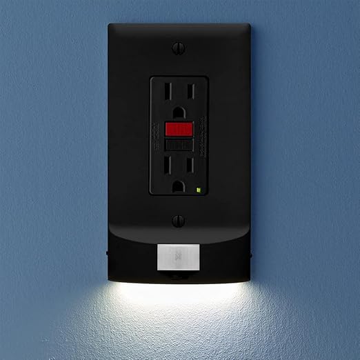 SnapPower 3 Pack MotionLight [for GFCI Outlets] - Motion Detecting LED Night Lights Built-in to Wall Plate - Bright/Dim/Off Options - Auto On/Off Sensor - (GFCI, Black)