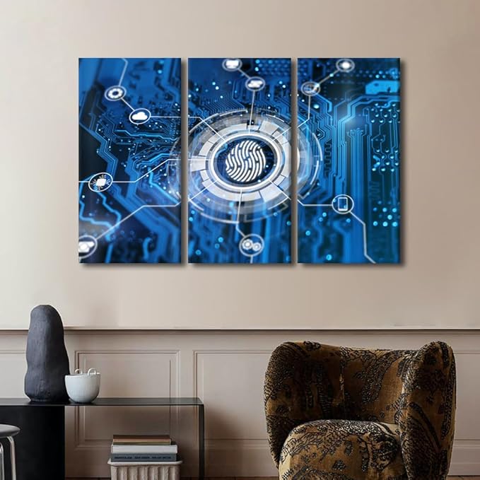Framed Wall Art Concept Wall Art 3 Panels Fingerprint Login Authorization and Cyber Security Concept Pictures Print on Canvas for Bedroom Decoration, Ready to Hang, 60" Wx40 H