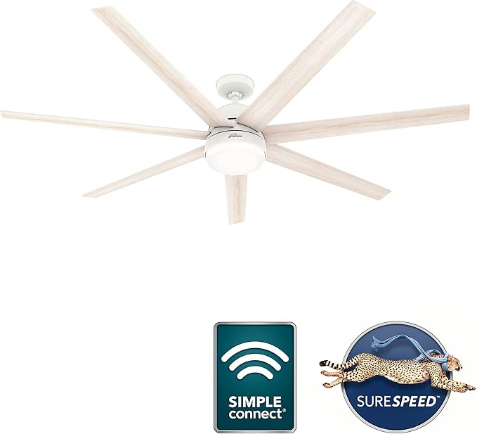 Hunter 70 inch Indoor Ceiling Fan with LED Light and Wall Control - White Smart Ceiling Fan, Standard Mount, 7 Blades, For Bedroom or Living Room, Quiet - Phenomenon 51378, Matte White